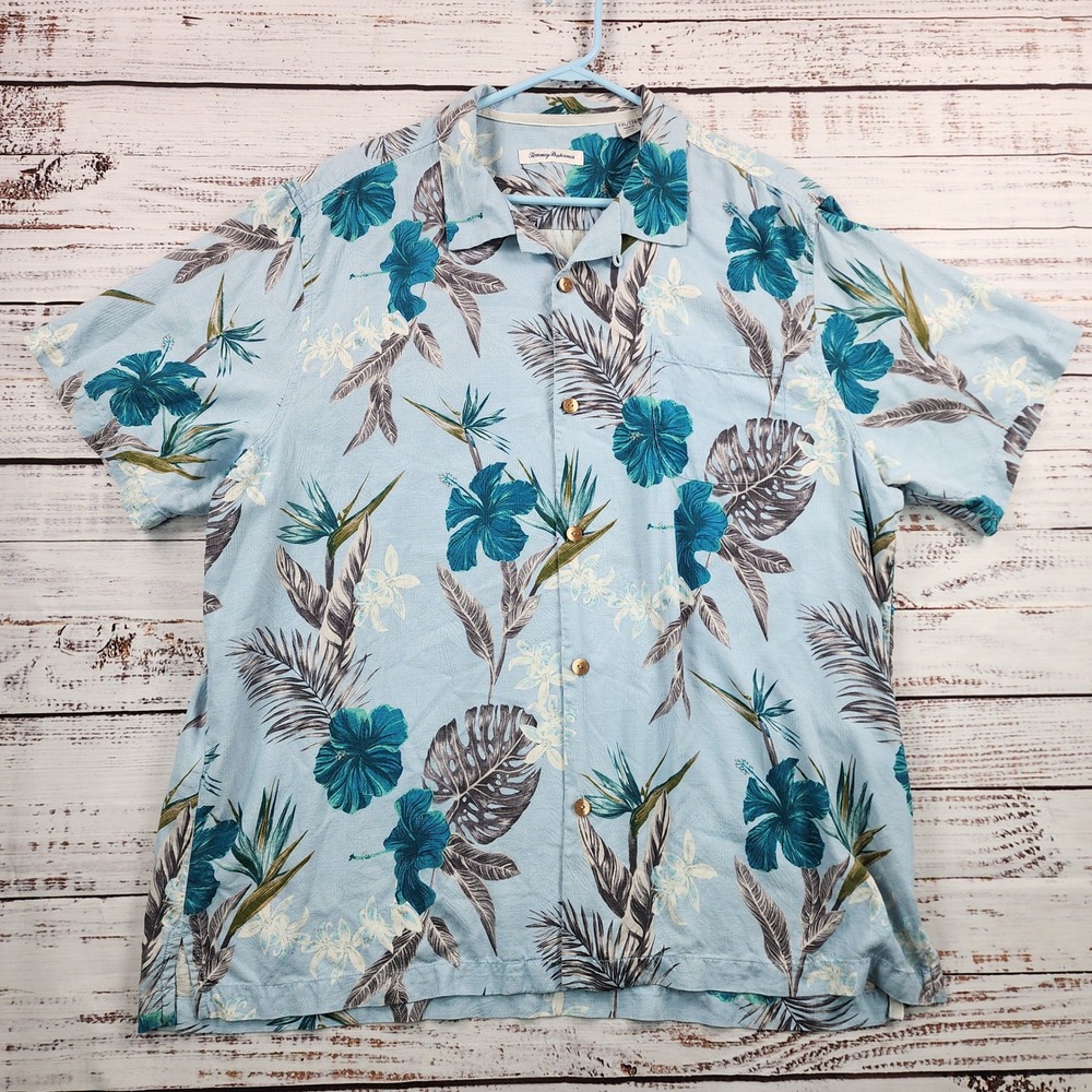Tommy Bahama Mens XXL Silk Floral Hibiscus Tropical Camp Shirt Blue Short Sleeve